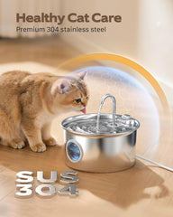 Katzenbrunnen Edelstahl Trinkbrunnen für Katze: Katzen Trinkbrunnen Leise - 2.6L Automatic Katzentrinkbrunnen mit Wasserstandsfenster - Haustierbrunnen für Kleine Hunde - Mehrschichtiges Filtersystem
