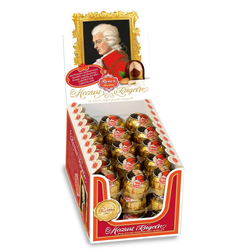 Reber Mozart balls, presentation box 4x45, dark chocolate balls filled with pistachio, marzipan, almonds and hazelnut nougat, 3.6 kg (180 pieces)