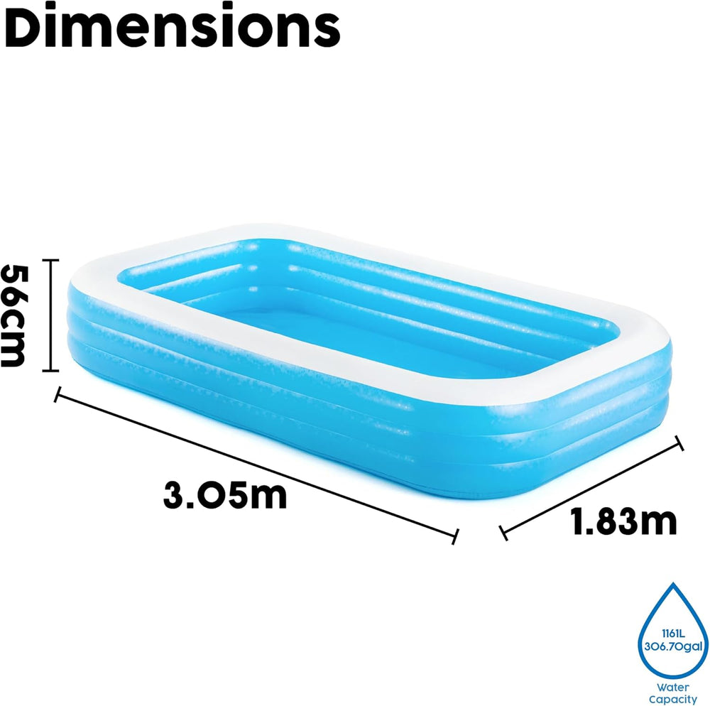 Bestway Family Pool Deluxe Rectangular Children's Pool Easy to Install Blue 305x183x56cm Inflatable Mattresses and Inflatable Accessories 305x183x56cm Color