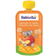 Mango in apple and peach sauce with a bag of biscuits (6 x 120g), no added sugar, made from mild fruits and valuable cereals, ideal for packed snacks and on the go.