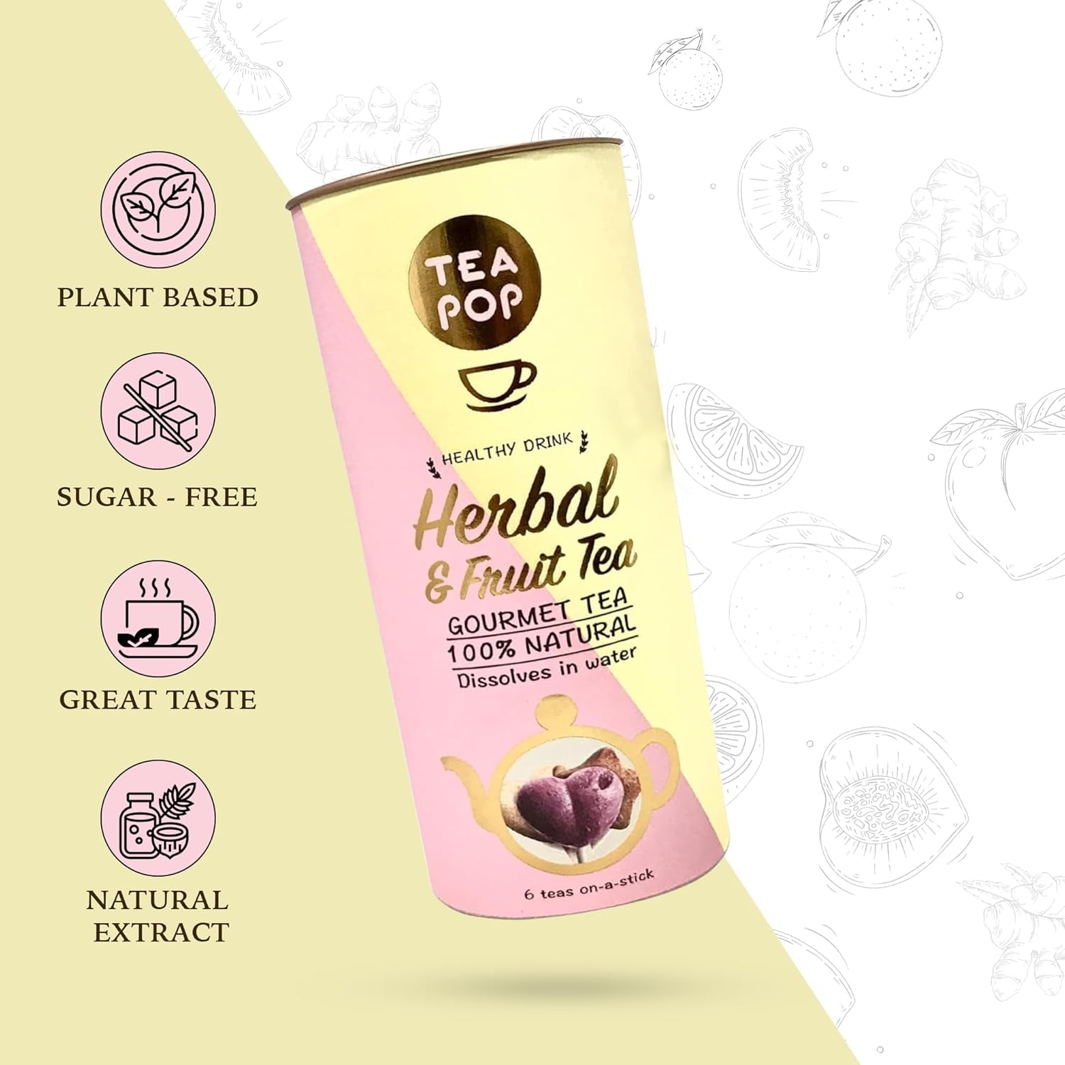 Ceaiuri din plante și fructe Tea-Pop, 6 stickuri Tea-Pop 100% naturale, ceaiuri gourmet vegane cu lămâie și ghimbir, punch de fructe, caramel crocant, ușor solubile în apă