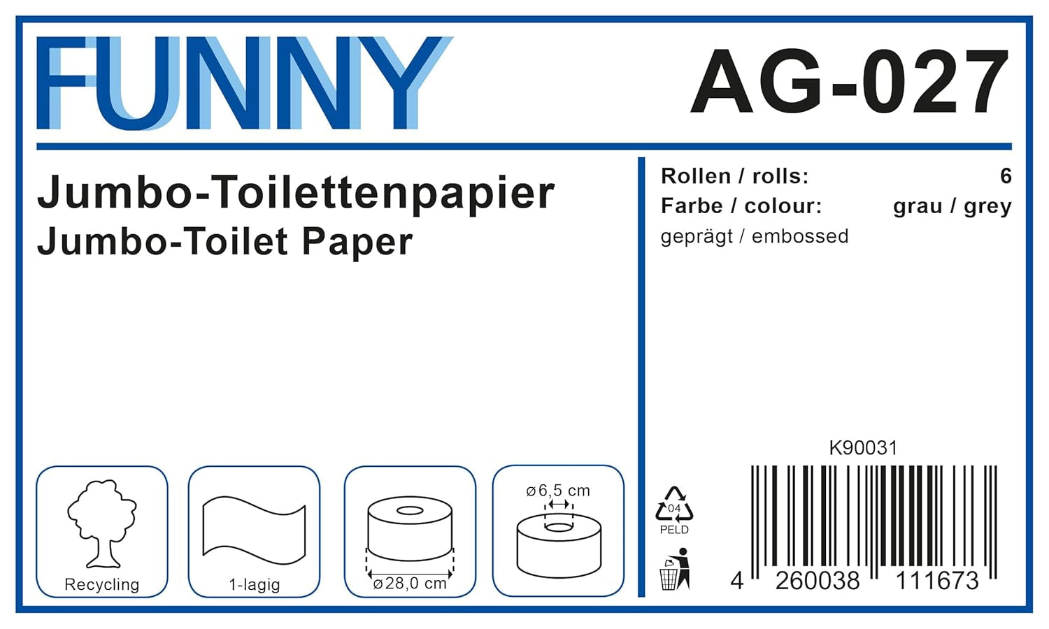 Funny AG-027 hârtie igienică jumbo, 1 strat, reciclată, diametru 28 cm (pachet de 6)