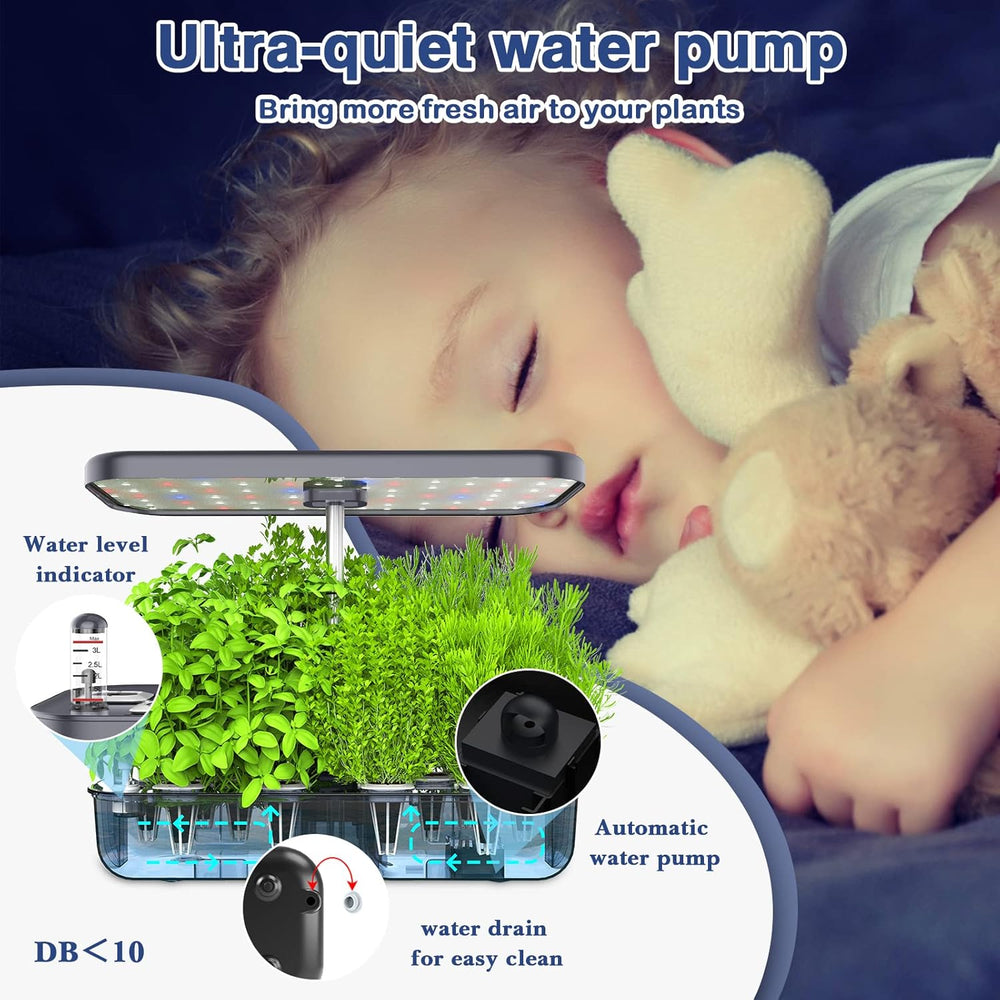 12-Utensils Hydroponic Growing System, Indoor Herb Garden Set with LED Light, Smart Home Garden, Kitchen, Germination Kit with Automatic Timer (Grey)