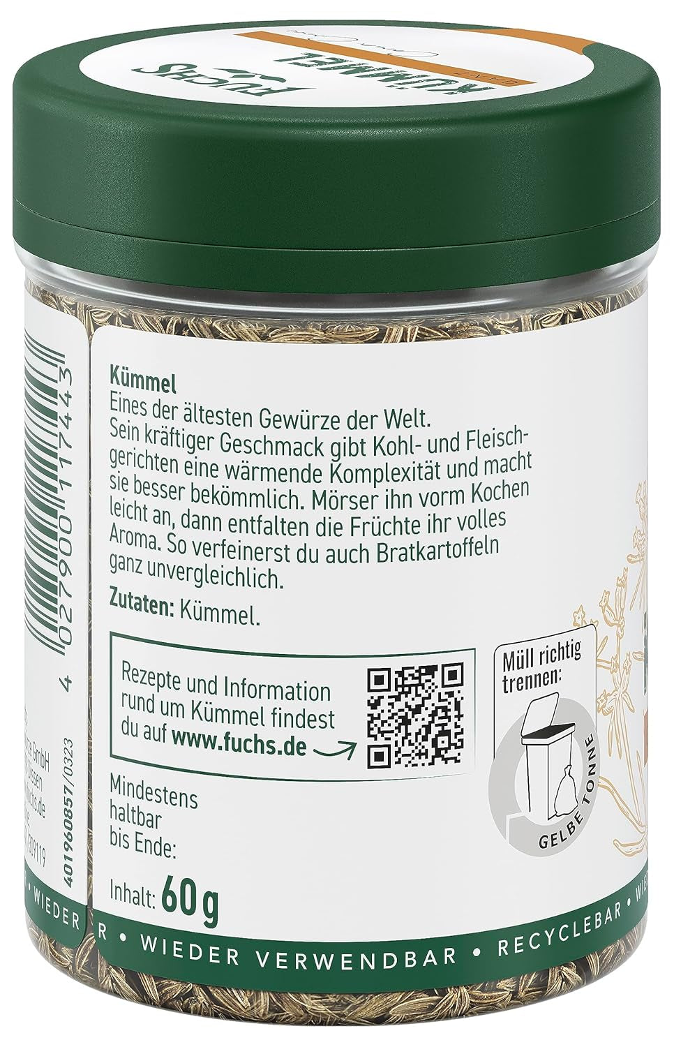Fuchs Gewürze - Kümmel ganz - kräftiges Gewürz für Kohl- und Fleischgerichte oder zu Bratkartoffeln - natural Ingredient - 60 g in wiederverwendbarer, recyclebarer Dose