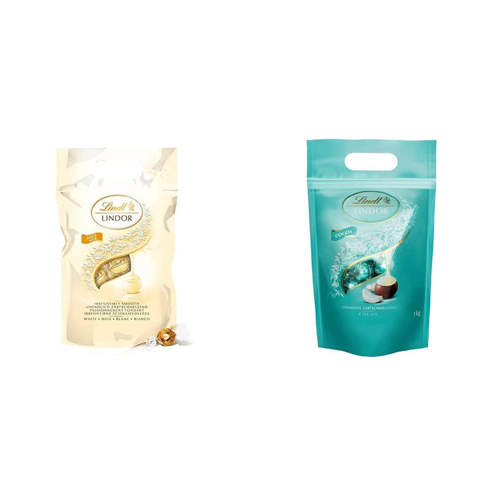 Bile de ciocolată albă LINDOR, 1 kg și LINDOR | pungă resigilabilă de 1 kg | aprox. 80 de bile de ciocolată cu lapte și mentă cu umplutură | Pachet vrac, cadou pralină, cadou ciocolată