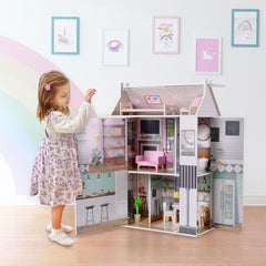 Casă de păpuși interactivă din lemn pentru copii, Olivia's Little World, Dreamland, cu 3 etaje și 13 accesorii pentru mobilier de păpuși, albă, TD-13632A