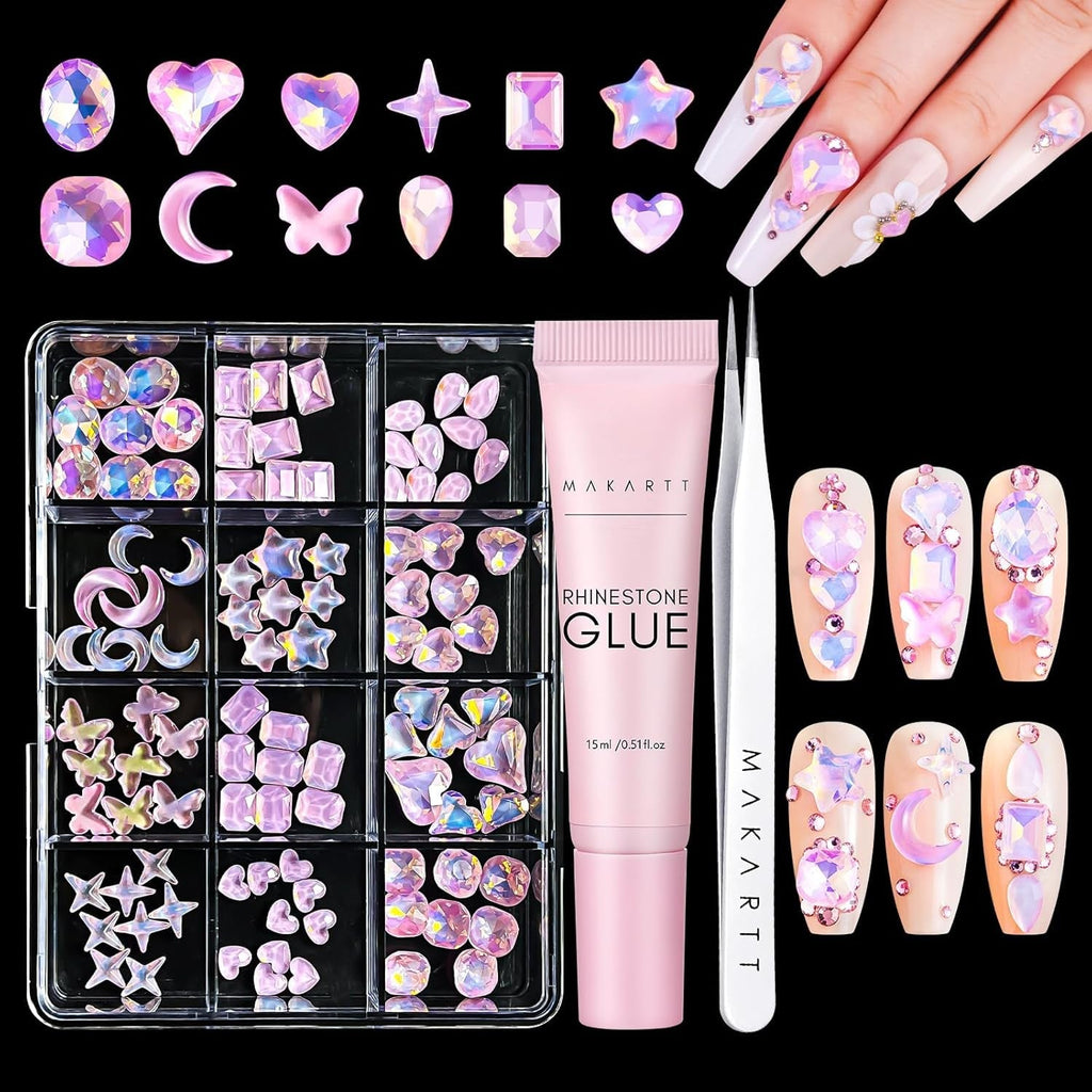 Gel adeziv pentru strasuri Makartt - Set de adeziv UV pentru unghii 15ml cu brelocuri roz pentru unghii, bijuterii pentru unghii în formă de inimă și cerc și accesorii pentru designul unghiilor, pentru manichiură acasă, cadou de Ziua Îndrăgostiților