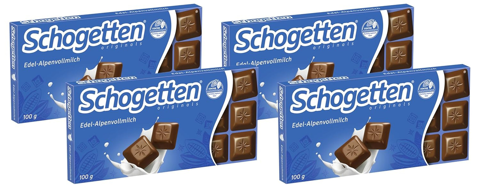 Schogetten Premium Alpine milk chocolate bar, 100g, individually portioned. A delight. Piece by piece.