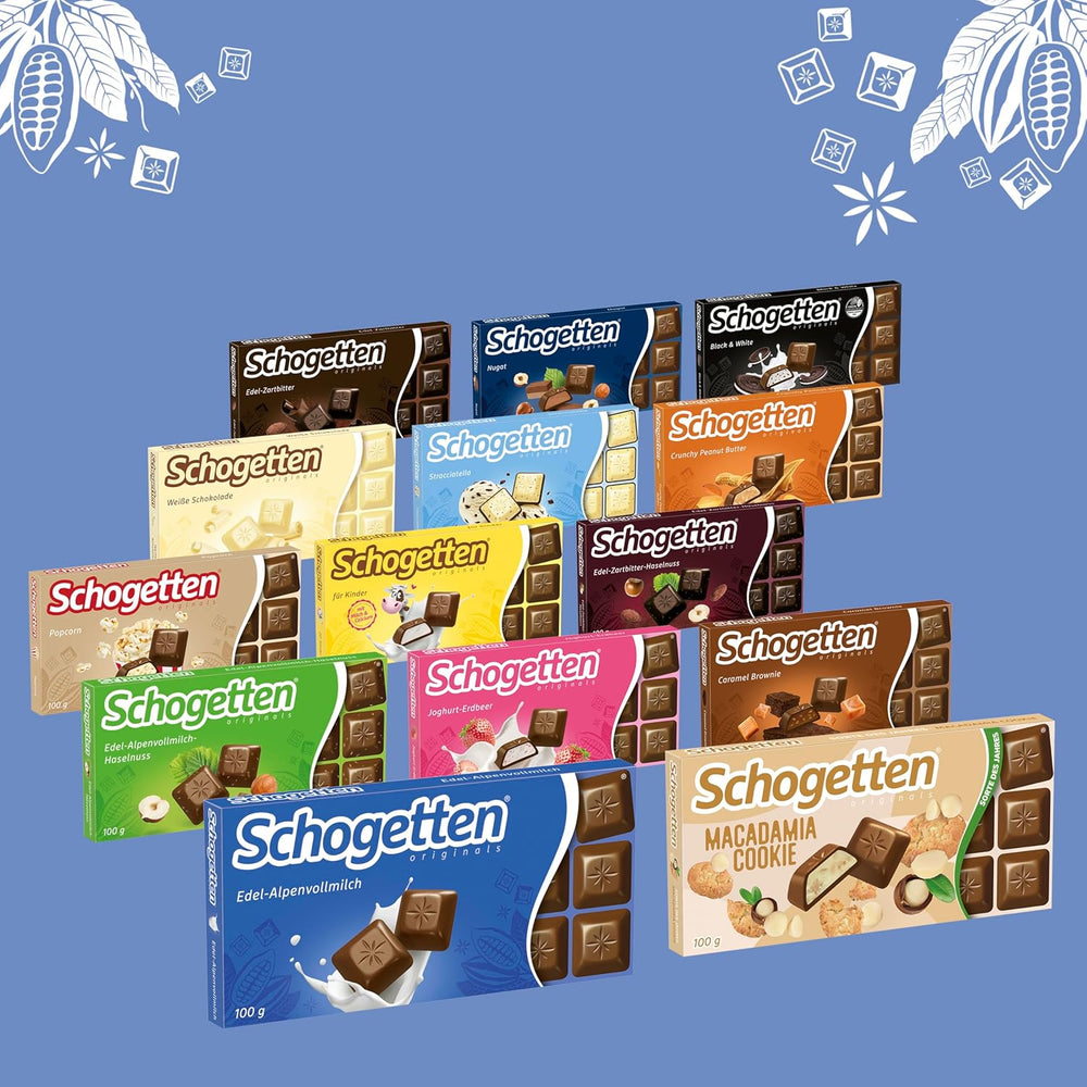 Schogetten Premium Alpine milk chocolate bar, 100g, individually portioned. A delight. Piece by piece.