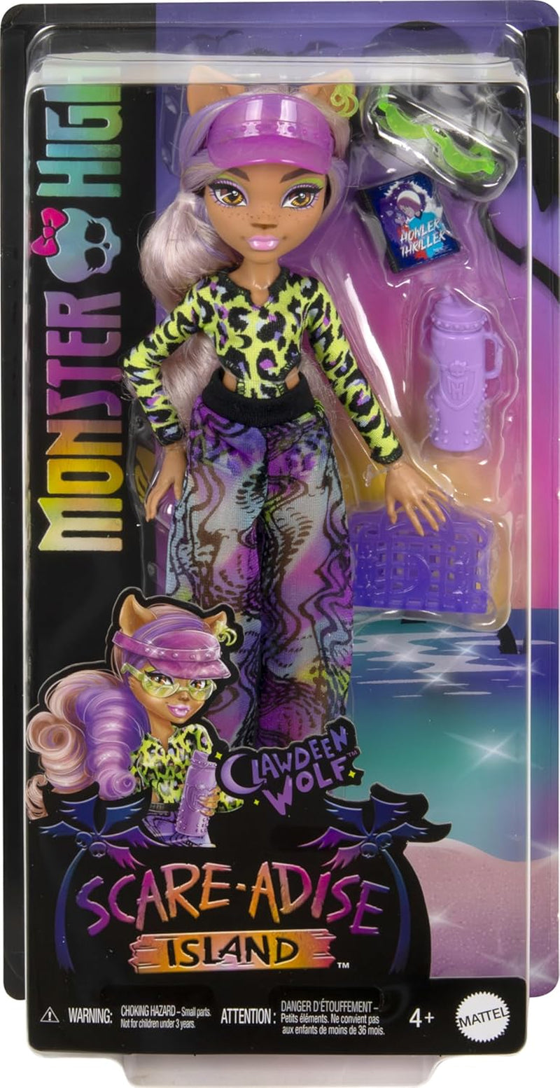 Păpușa Monster High Scare-adise Island Clawdeen Wolf cu costum de baie, pantaloni de jogging și accesorii de plajă, cum ar fi vizieră, sticlă de apă și carte