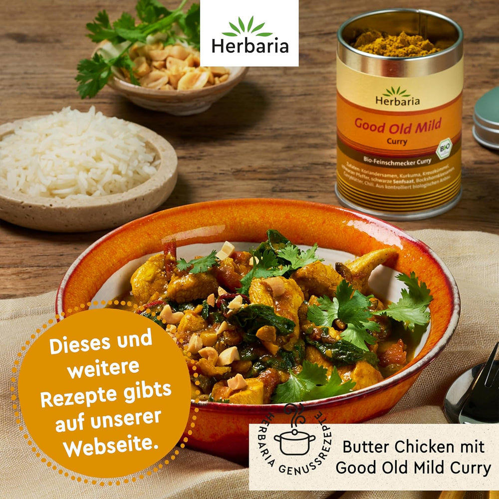 Herbaria Good Old Mild Curry bio 80g M-Dose – Currypulver, Currymischung - Bio-Gewürzmischung für klassische Curry-Spezialitäten z.B. Currywurst - erlesenen Ingredient in nachhaltiger Aromaschutz-Dose