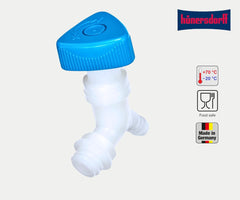 Hünersdorff | Supapă unghiulară | Colțară | Pentru canistre cu filet lățime de 22 mm | Racord furtun 13 mm sau 1/2" | Natural/albastru