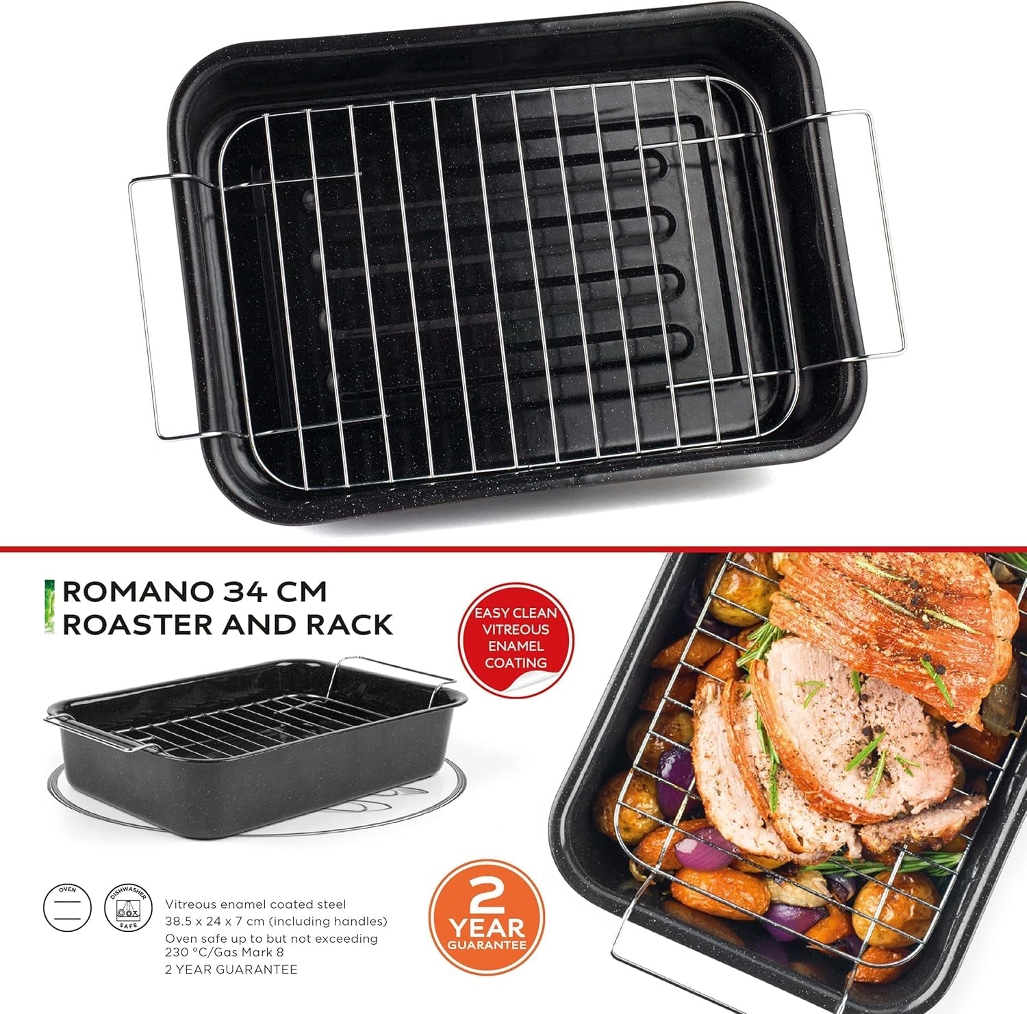 Russell Hobbs CW9161 Romano 34Cm Emaille Bräter - Mit Gitter, Rechteckige Auflaufform Mit Rost, Spülmaschinenfest Ofenform, Grill Auflaufform, Bratform Für Backofen Ofenbeständig Bis 230 Grad Matrite si tavi pentru copt Naty Shop
