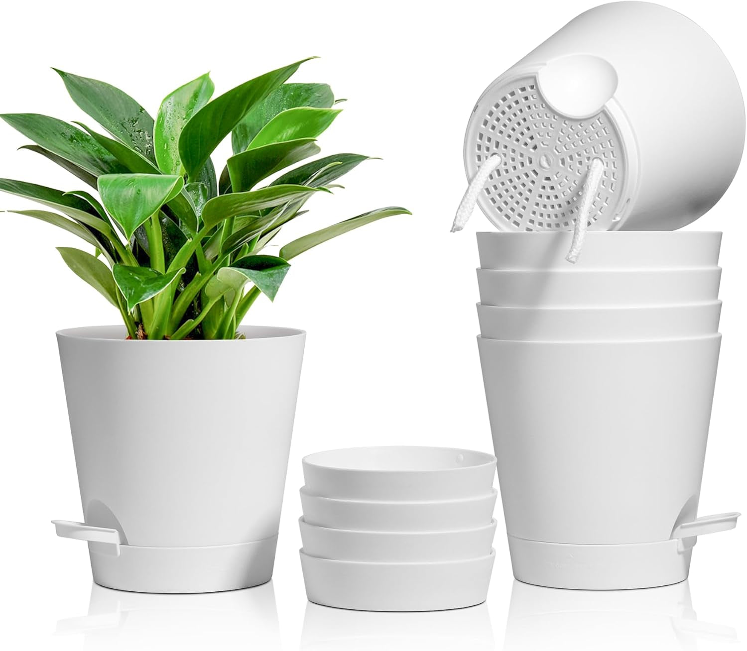 T4U 14cm Plastic Flower Pots with Watering System, Set of 6 Self-Watering Flower Pots and Saucers, Round Pots for Indoor Balcony Garden Plants, Succulents, Cacti, White