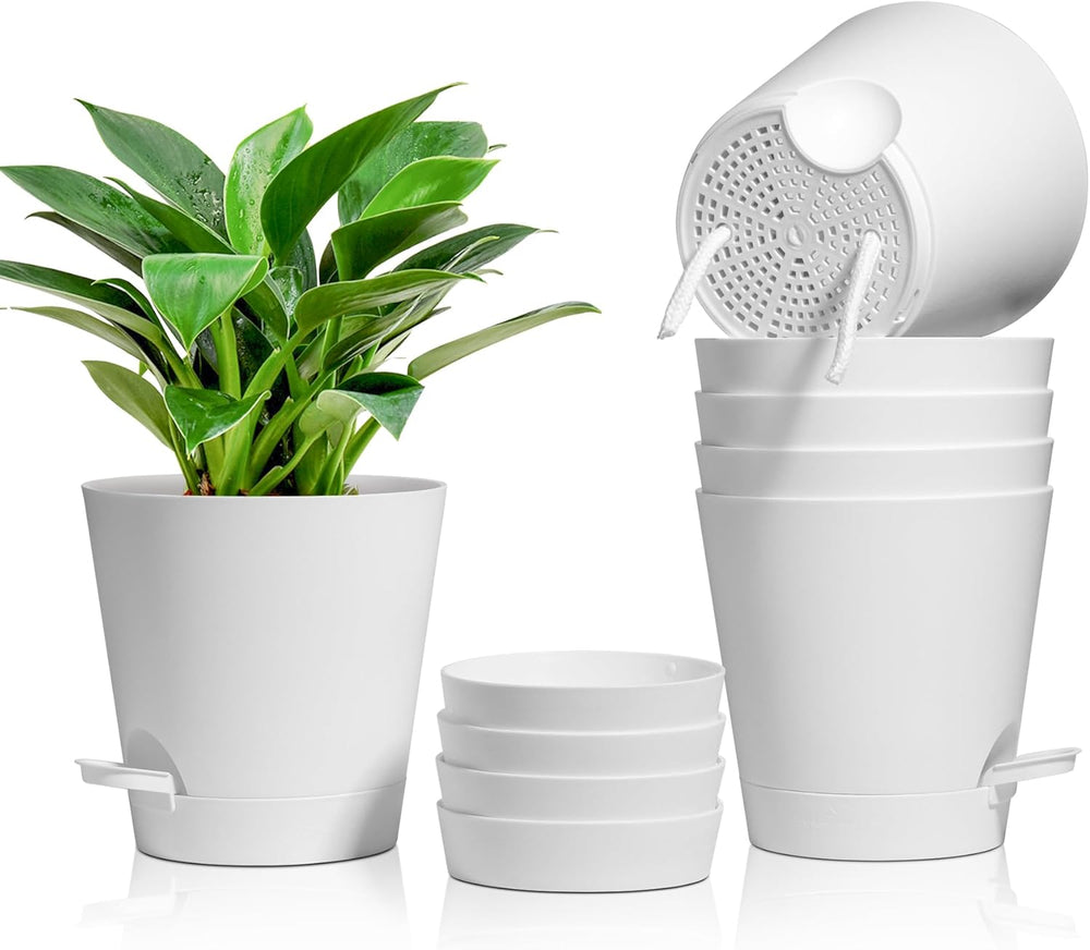 T4U 14cm Plastic Flower Pots with Watering System, Set of 6 Self-Watering Flower Pots and Saucers, Round Pots for Indoor Balcony Garden Plants, Succulents, Cacti, White