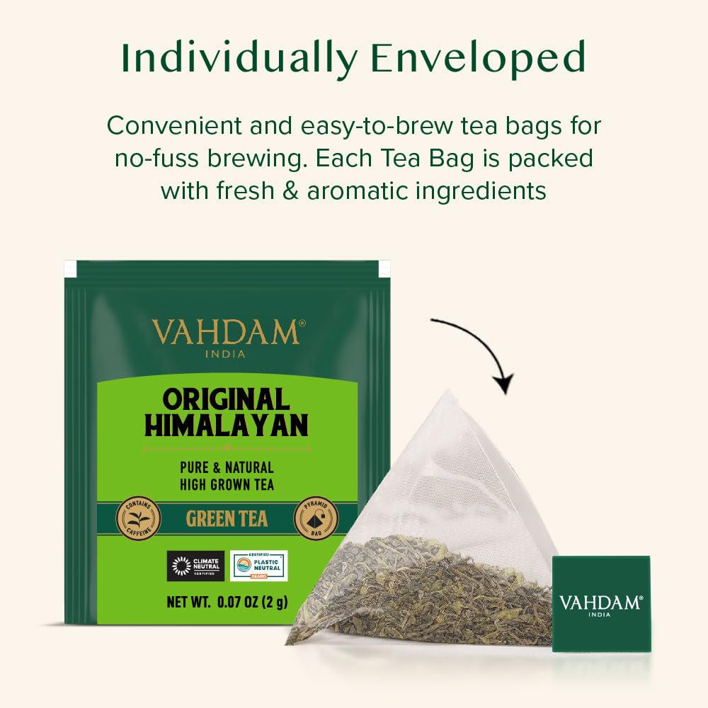 VAHDAM, ceai verde din Himalaya (30 pliculețe de ceai piramidale) 100% pur și aromat | Ceai verde natural cu frunze întregi | Proaspăt și direct de la sursa din India | Se prepară fierbinte sau rece