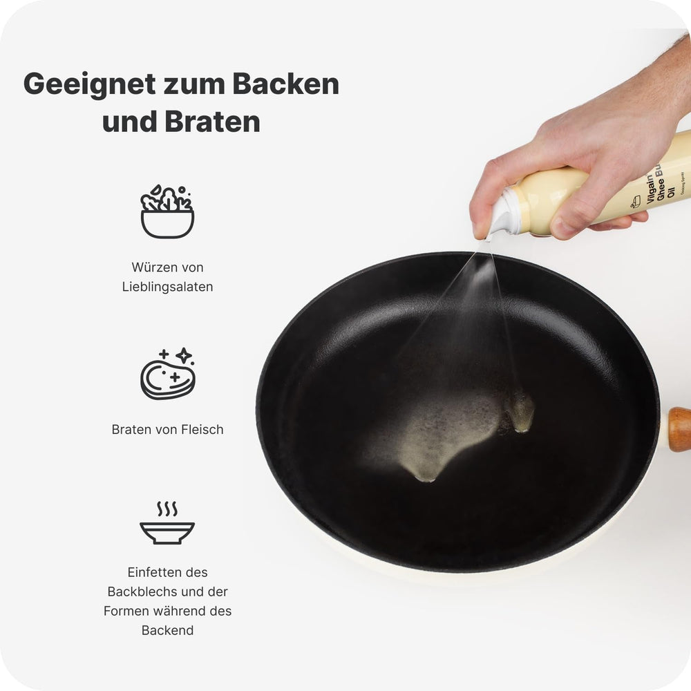 Vilgain Ghee Spray mit Avocadoöl | Laktosefrei, zum Kochen & Backen | Rauchpunkt 195°C, herzgesund, BRC-zertifiziert | Ideal für laktoseempfindliche Menschen | Geschmacks-Harmonie, 200ml