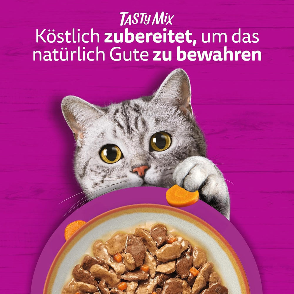 Hrană umedă Whiskas Adult 1+ Colecția Tasty Mix Country în sos, 84 pliculețe, 84 x 85g (1 pachet vrac) – Hrană umedă de înaltă calitate pentru pisici adulte
