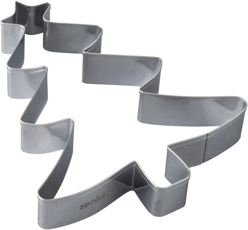 Formă de biscuiți Zenker XL pentru Crăciun – Formă de biscuiți în formă de brad de Crăciun pentru biscuiți delicioși și dulci – Formă de biscuiți 2 în 1 și cadru de copt din oțel inoxidabil, argintiu