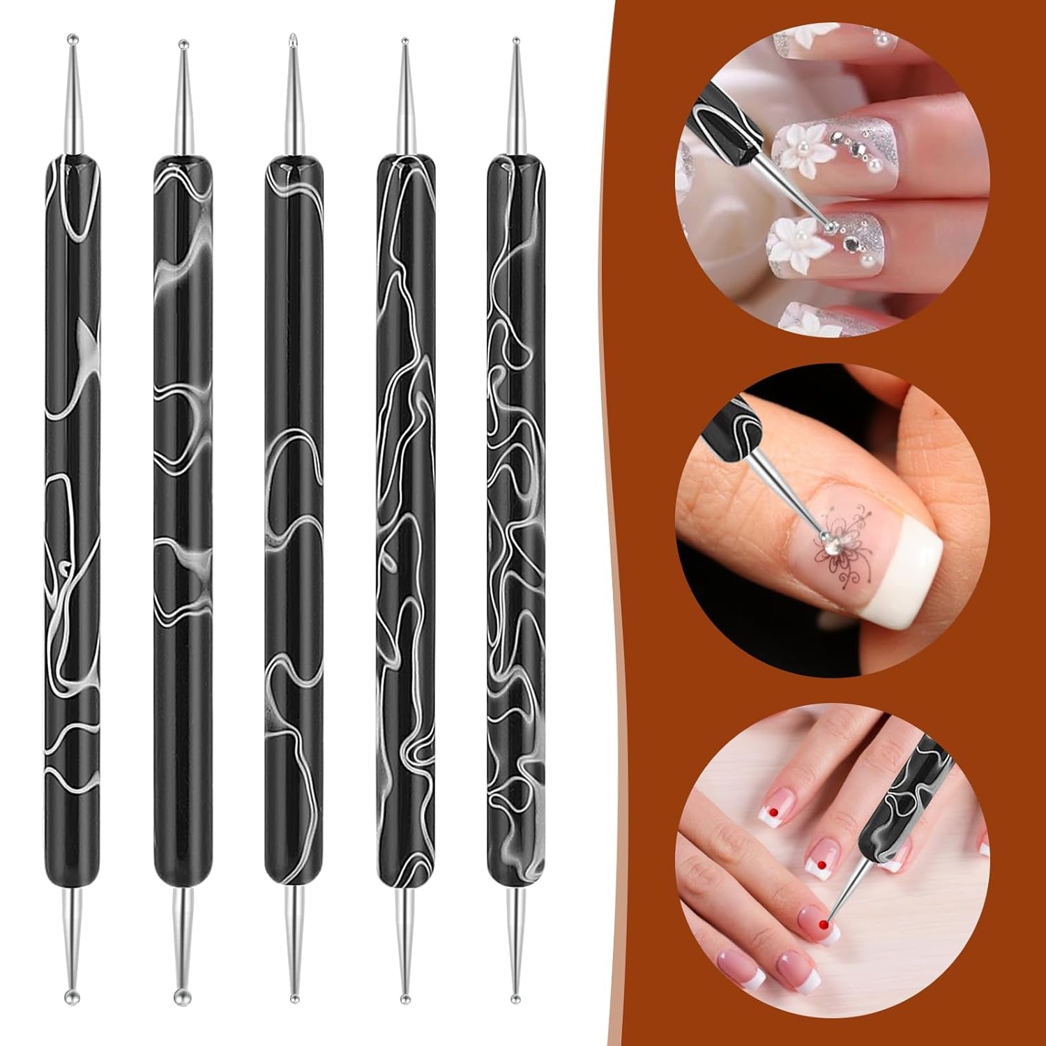 5 Stück Nail Design Dotting Tools Nagelkunst Werkzeug Nagelpunkt Pinsel Punktierung Stift Marbleizing Werkzeug Für Nagellack Maniküre, Schwarz