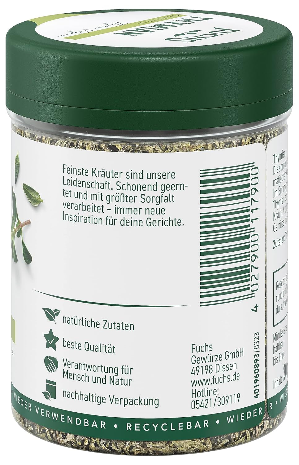 Fuchs Gewürze - Thyme gerebelt - Mediterranean Kräuternote für Feta, Gemüse und Fleischgerichte - natural ingredients - 20 g in wiederverwendbarer, recyclebarer Dose