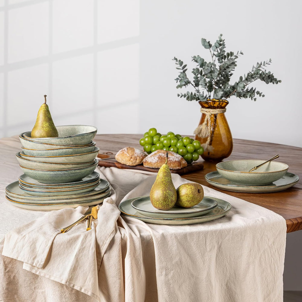Set de veselă GBhome din gresie pentru 6 persoane, 24 de piese, glazură reactivă, lucrat manual, potrivit pentru cuptorul cu microunde și mașina de spălat vase, set de boluri și farfurii, Desret Sage, GDW007GY-24P-EU