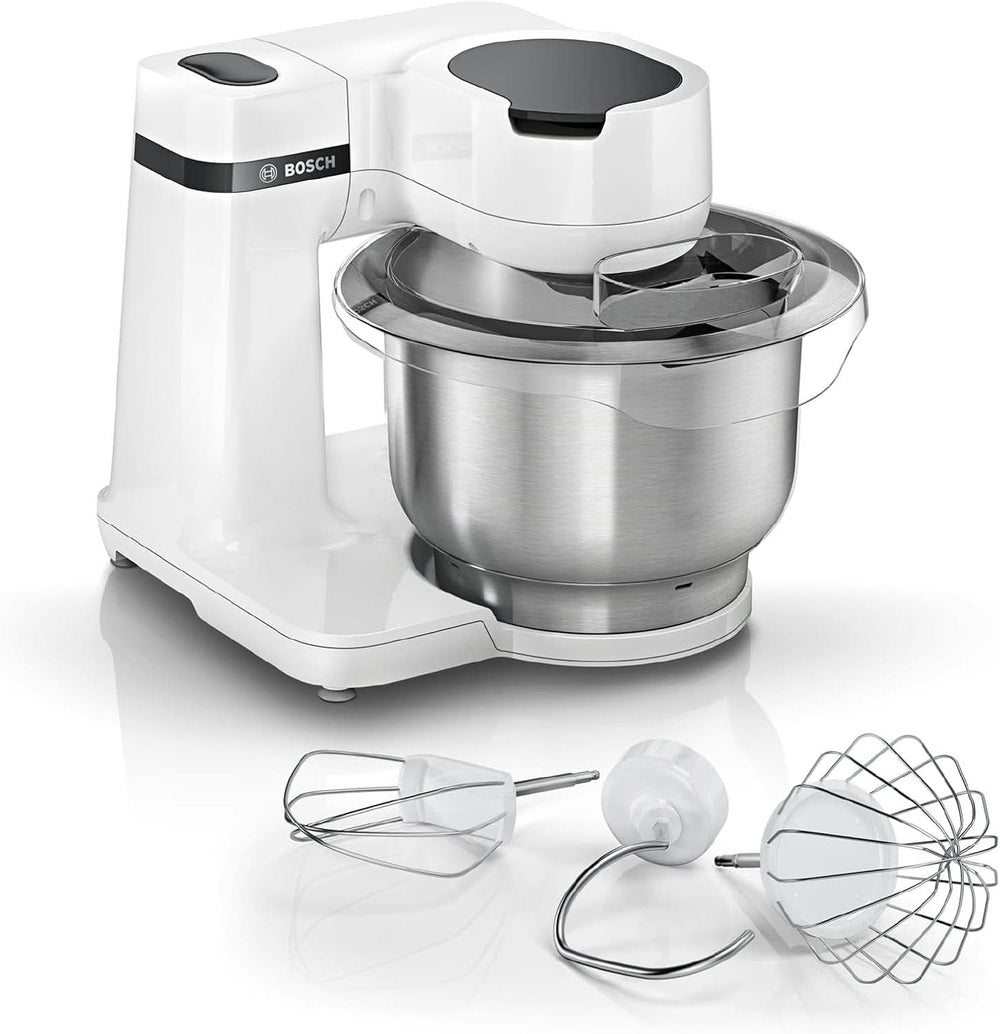 Bosch Küchenmaschine Serie 2 MUMS2EW00, Edelstahl-Schüssel 3.8 L, Planetenrührwerk, Knethaken, Schlag-, Rührbesen Edelstahl, 4 Arbeitsstufen, Durch Optionales Zubehör Erweiterbar, 700W, Weiß Kitchen Naty Shop