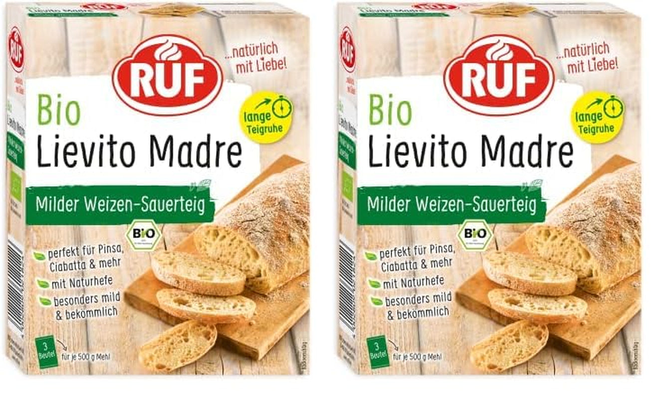 RUF Lievito Madre Sauerteig, Milder Weizen-Sauerteig, Mutterteig, Kurze Teigruhe Durch Enthaltene Trockenhefe, Lievito Madre Getrocknet Für Brot, Baguette, Focaccia, 3X35G Mixture for baking and cooking Naty Shop 105 G (2Er Pack) Lange Teigruhe