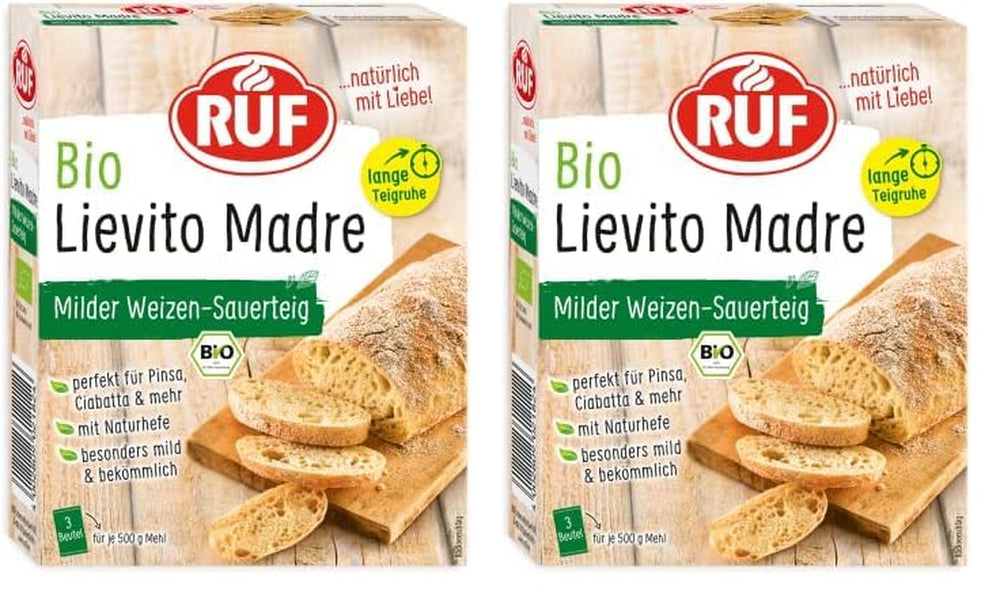 RUF Lievito Madre Sauerteig, Milder Weizen-Sauerteig, Mutterteig, Kurze Teigruhe Durch Enthaltene Trockenhefe, Lievito Madre Getrocknet Für Brot, Baguette, Focaccia, 3X35G Mixture for baking and cooking Naty Shop 105 G (2Er Pack) Lange Teigruhe