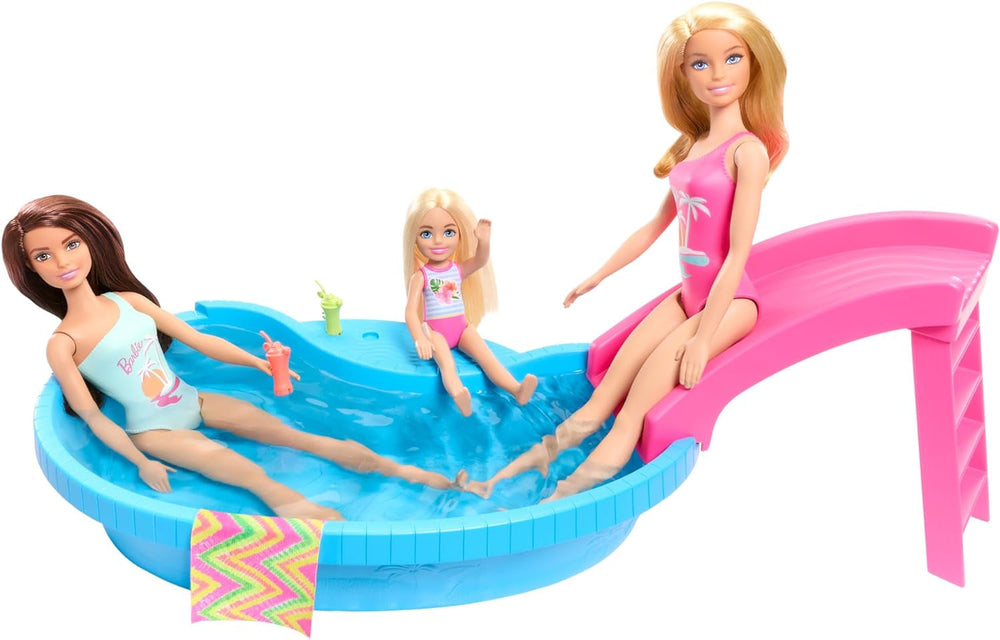 Barbie doll and accessories - pool with slide and accessories for hours of fun in the sun, pink swimsuit with tropical design, for children from 3 years, HRJ74 Naty Shop Dollhouses