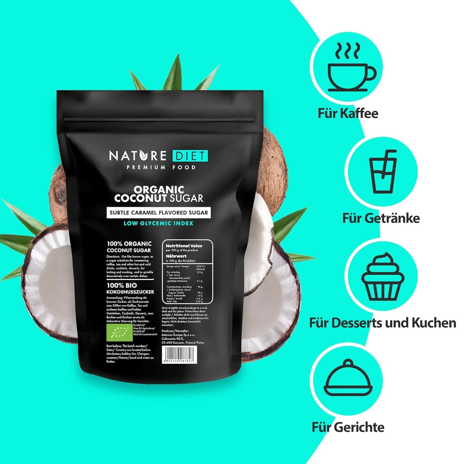 Zahăr organic din nucă de cocos, aroma de caramel, 1,5 Kg Indulcitori Naty Shop