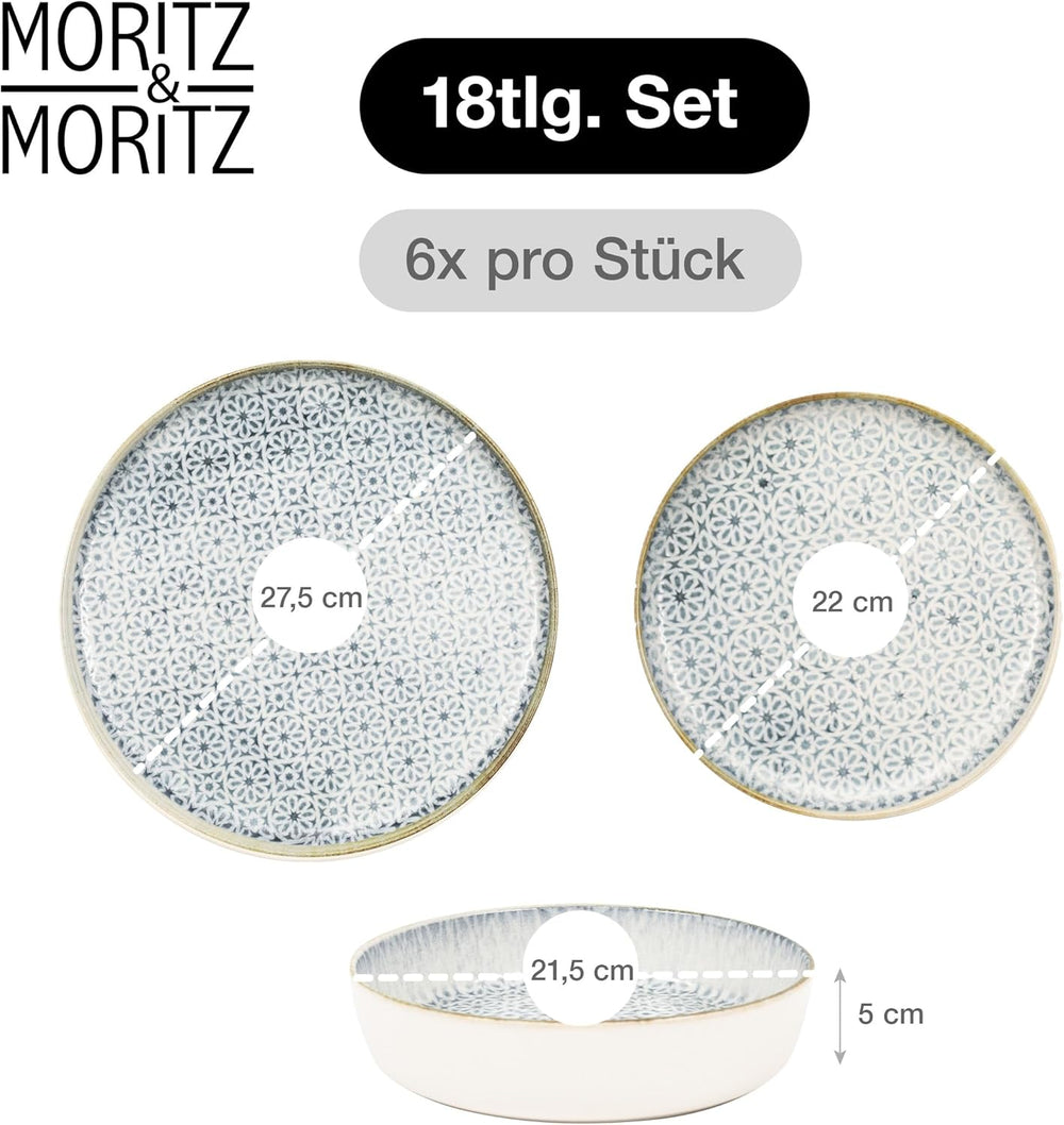 Set de veselă Moritz & Moritz ALHAMBRA pentru 6 persoane, 18 piese, din porțelan de înaltă calitate - veselă modernă albastră - set ușor de întreținut, inclusiv 6 farfurii de cină, 6 farfurii de desert și 6 boluri
