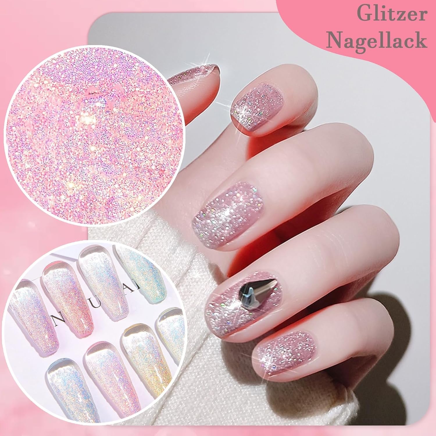 Pink Glitter Nail Polish - Non-Toxic Water Based Nail Polish for Women - Quick Dry Nail Polish - Reflective Glitter Nail Polish for DIY Nail Art at Home (Transparent Pink, 10ml)