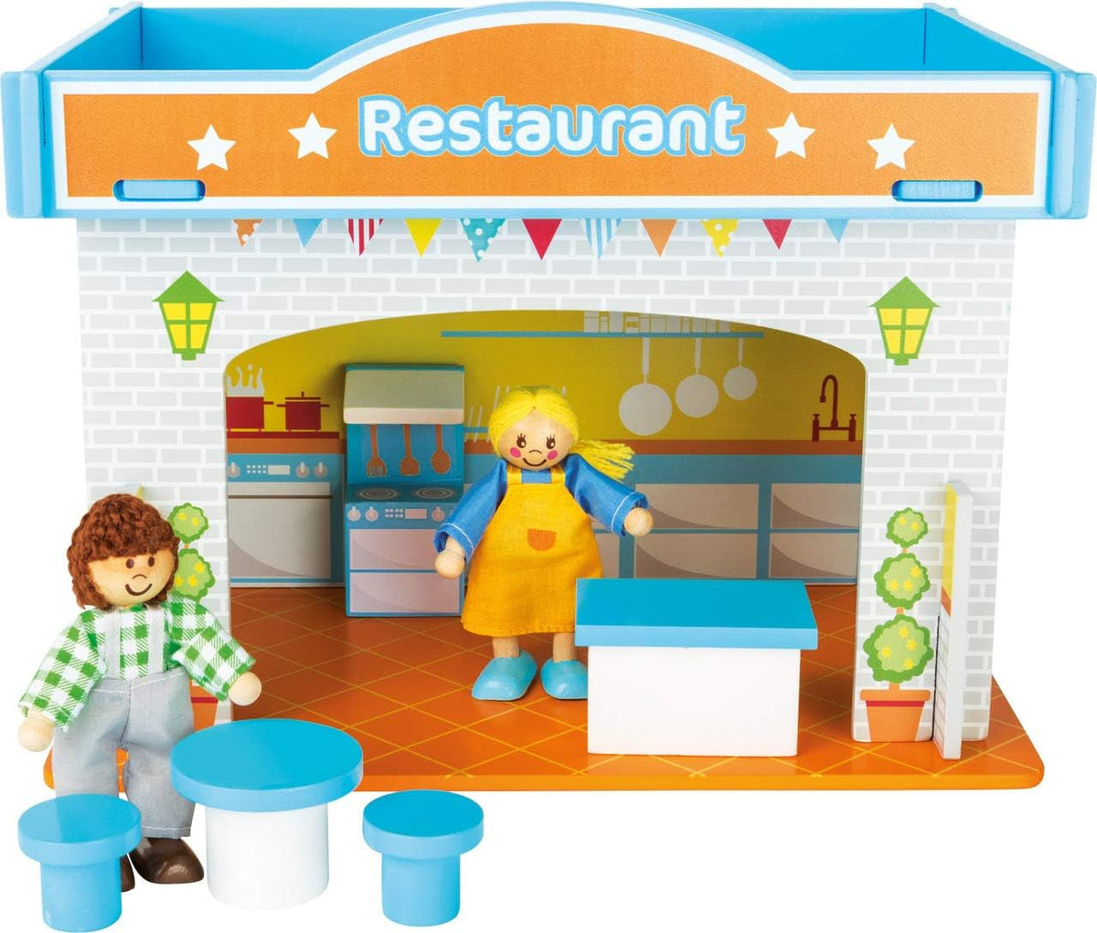 Small Foot 10852 Playhouse Restaurant Made of wood, With 2 doll figures, accessories and removable roof, From 3 years Dollhouses Naty Shop Restaurant
