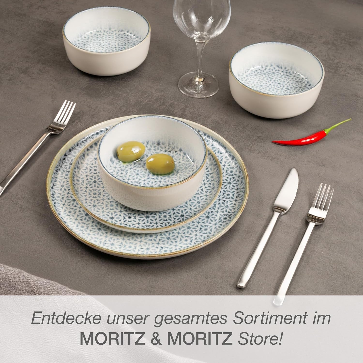 Set de veselă Moritz & Moritz ALHAMBRA pentru 6 persoane, 18 piese, din porțelan de înaltă calitate - veselă modernă albastră - set ușor de întreținut, inclusiv 6 farfurii de cină, 6 farfurii de desert și 6 boluri