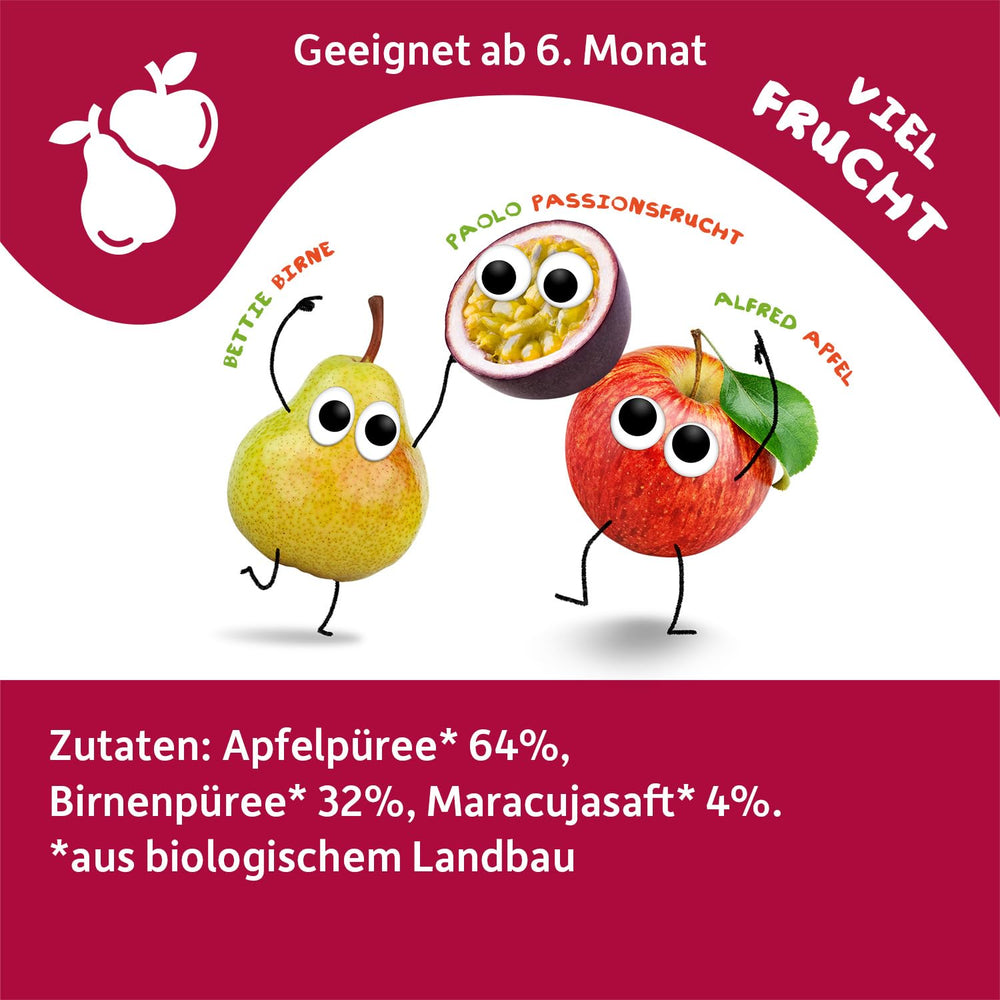 FRECHE FREUNDE Bio Quetschie Apple, Birne & Maracuja, Fruchtmus mit Obst im Quetschbeutel für Babies from 6. Month, vegan, 6er Pack (6 x 100g)