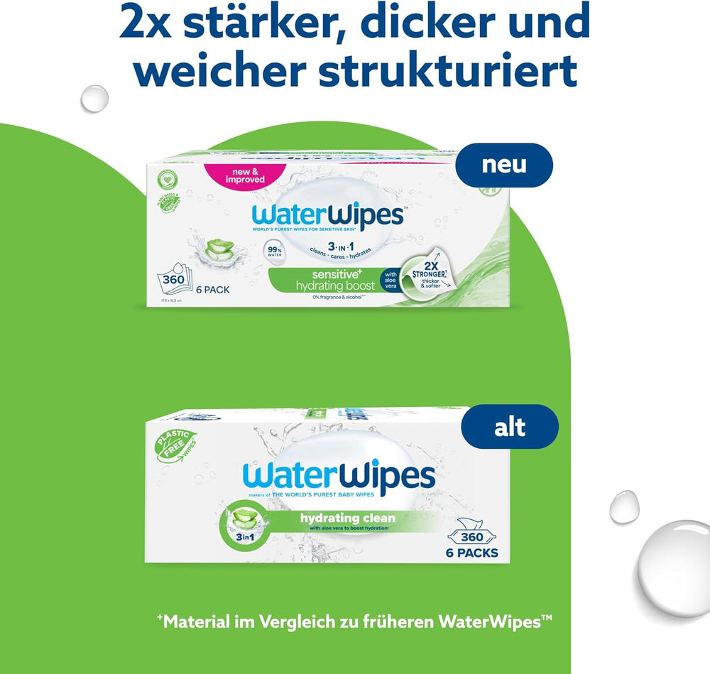 WaterWipes Sensitive+ Hydrating Boost Wet Wipes, Hydrating Wipes, 360 Pieces (6 Pack), 3 in 1 Clean, Care, Hydrate, 99% Aloe Vera Water, Unscented Baby Wipes