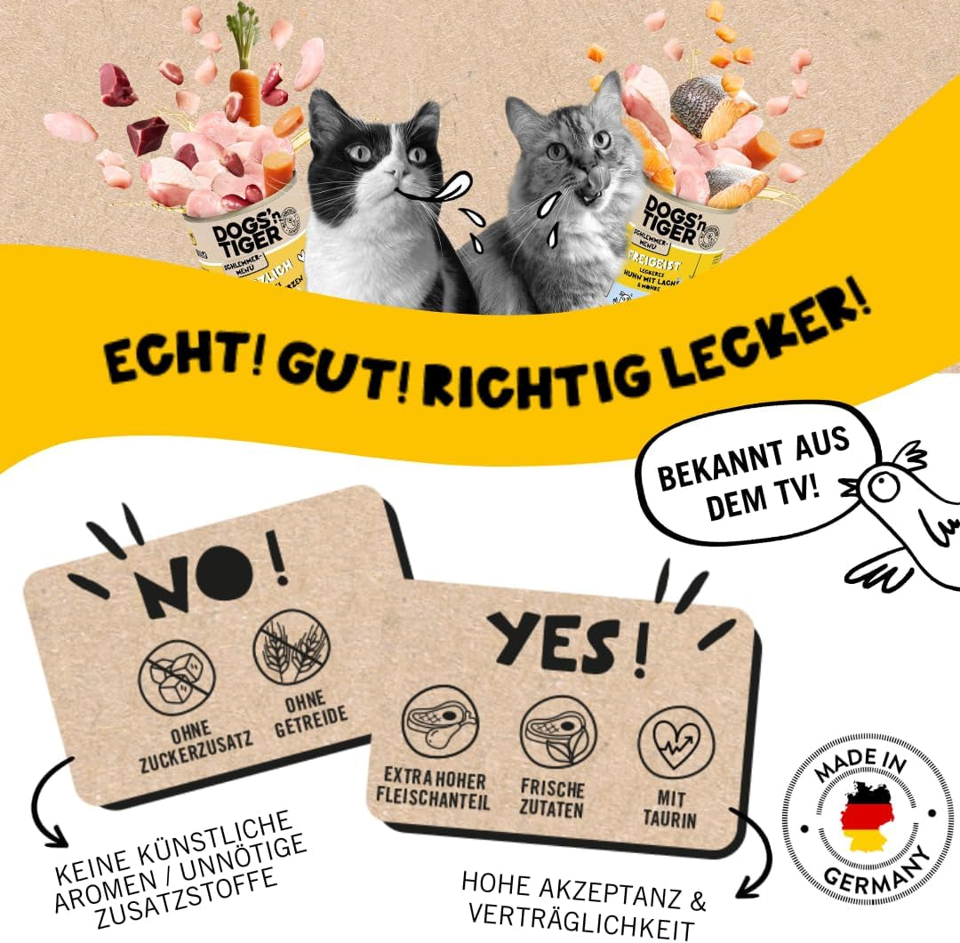 Dogs'n Tiger Schlemmermenü Glückskind, Nassfutter für Kätzchen, saftiges Huhn und Forelle - ohne Getreide, Zuckerzusatz, künstliche Konservierungsstoffe, optimale Verträglichkeit, 12x 200g