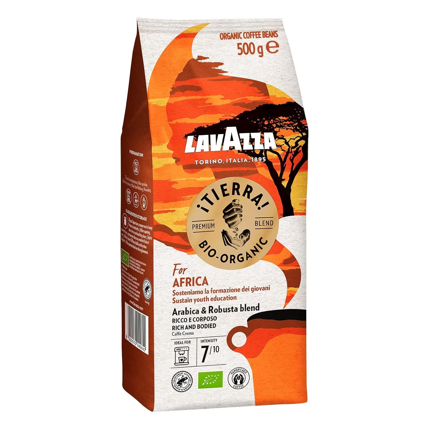 Lavazza, Tierra for Africa, 100% boabe de cafea organică, Ideal pentru espressoare, Aromă puternică și corpolentă, Intensitate 9/10, Arome de nuci, Prăjire medie Cafea Naty Shop 500 grame Africa