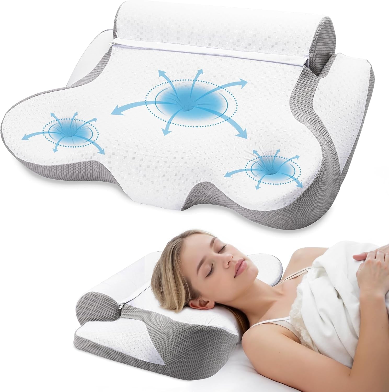 Pernă din spumă cu memorie TopEsct, pernă pentru dormit pe o parte, pernă pentru gât, pernă pentru cap pentru cei care dorm pe o parte și pe spate (gri)