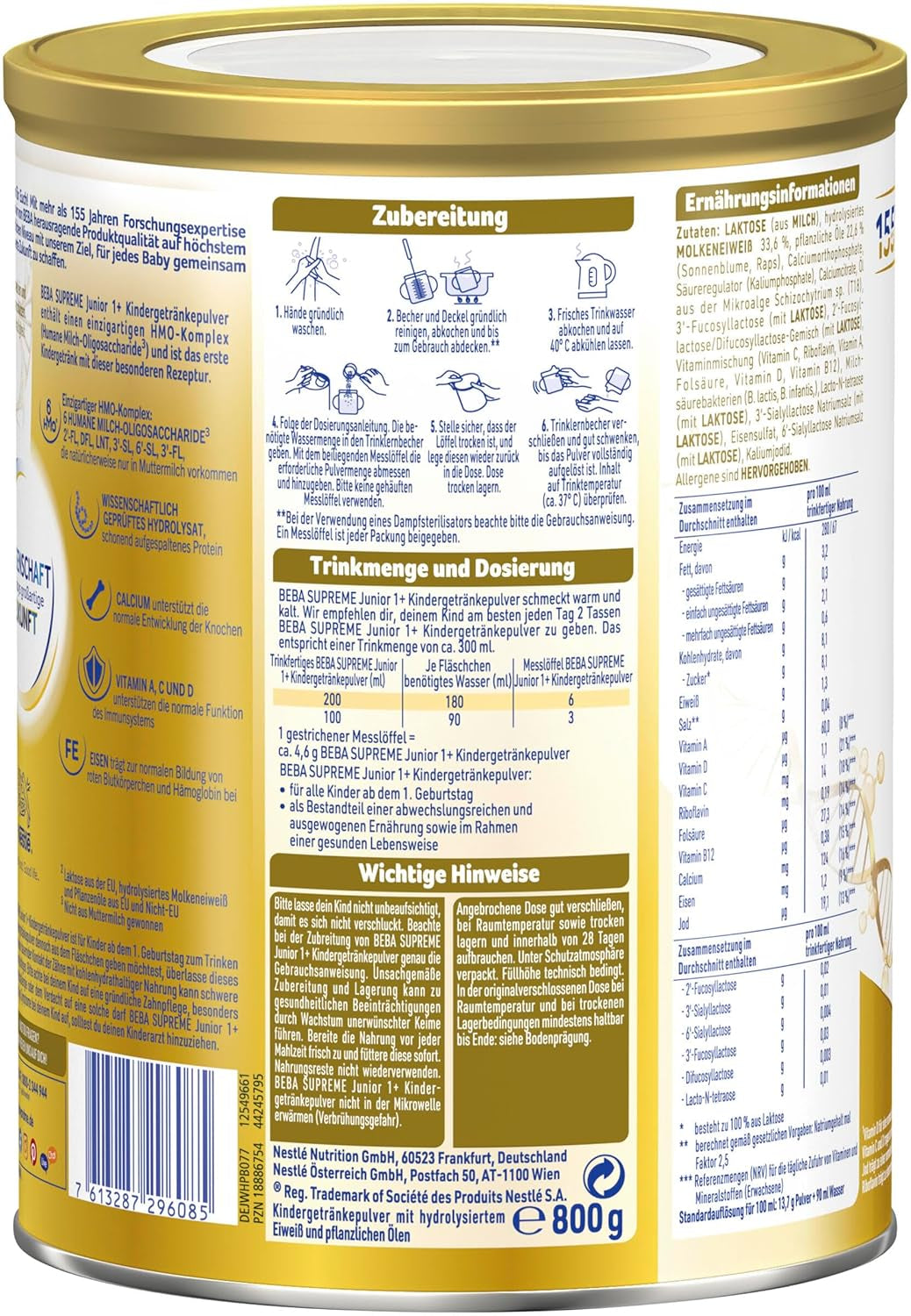 BEBA SUPREME JUNIOR 1 Plus - Drink for children from 1 year, with complex 6 HMO, lactose free, palm oil free, fish oil free, food for small children, baby milk powder, pack of 6 (6 x 800g)