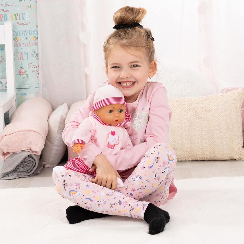Babypuppe First Words mit Schlafaugen, spricht 24 Babylaute, mit Schnuller und Flasche, 38 cm, Rosa/Streifen