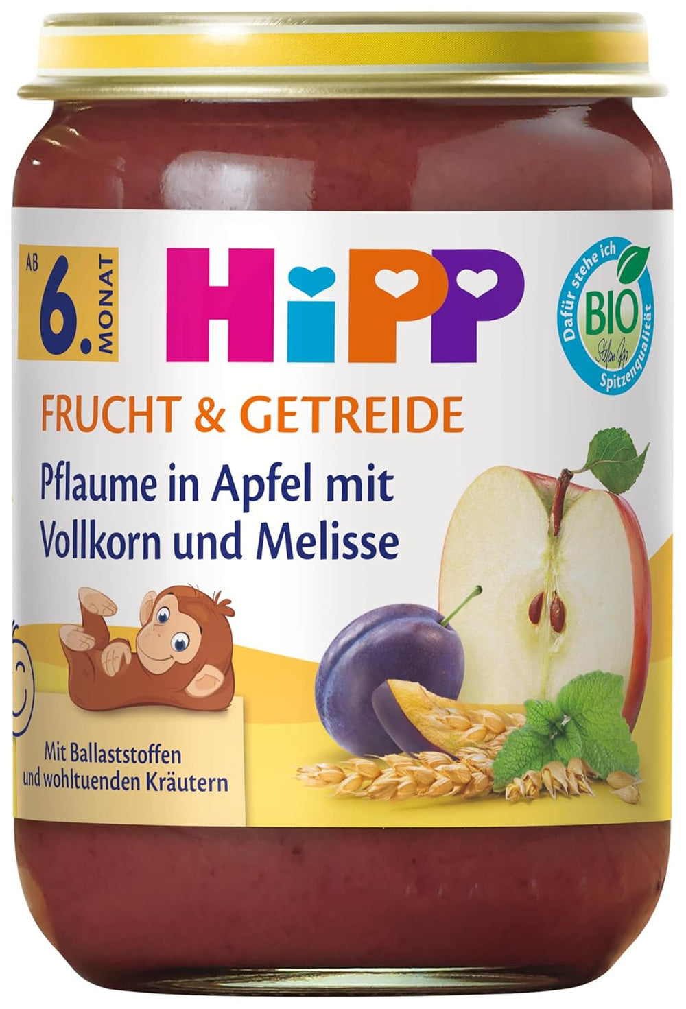 HiPP Organic Plums in Apple Cream with Whole Grains and Lemon Balm (6 x 190g), from 6 months, with organic whole grains and beneficial herbs, only natural fruit sweetness, of the best organic quality