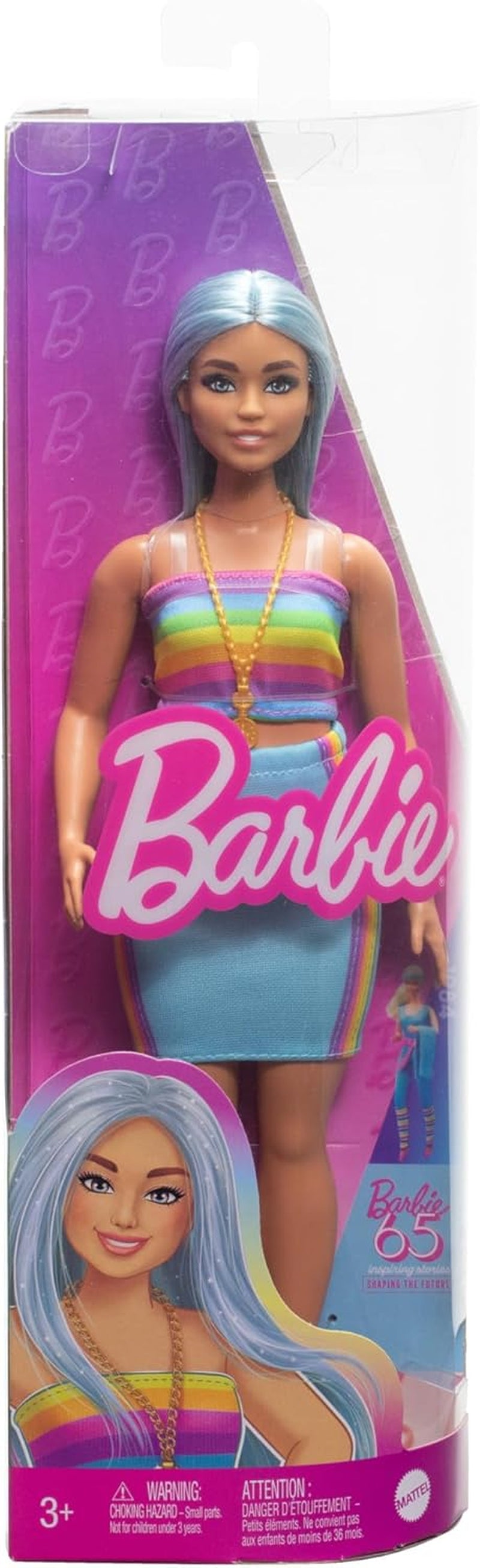 Barbie Fashionistas doll no. 218 with long blue hair, rainbow top and turquoise skirt, 65th birthday collectible fashion doll, HRH16 Naty Shop Dolls