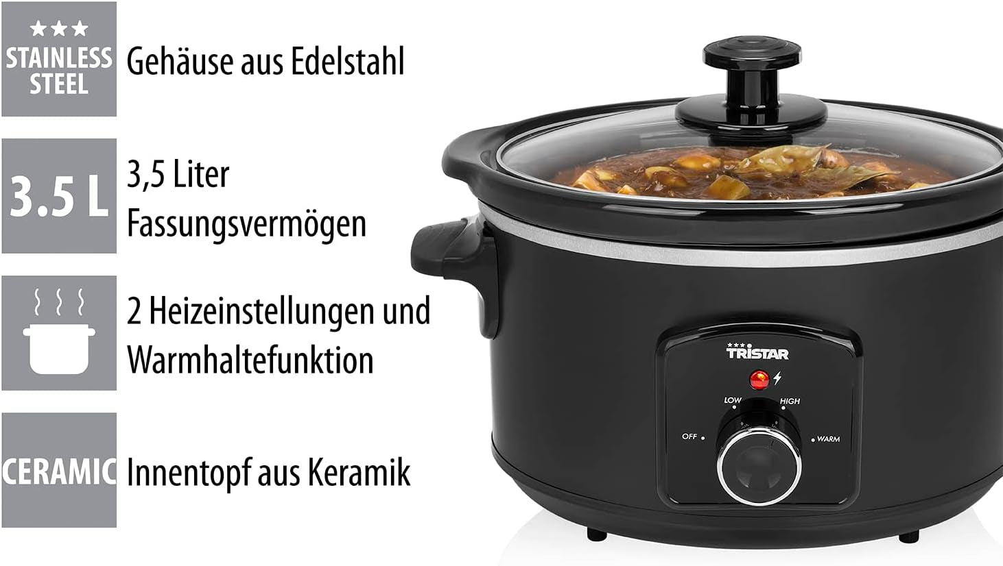 Tristar VS-3915 slow cooker, stainless steel ceramic pot with 2 heat settings and keep warm function, 3.5 L Slow Cooker Naty Shop