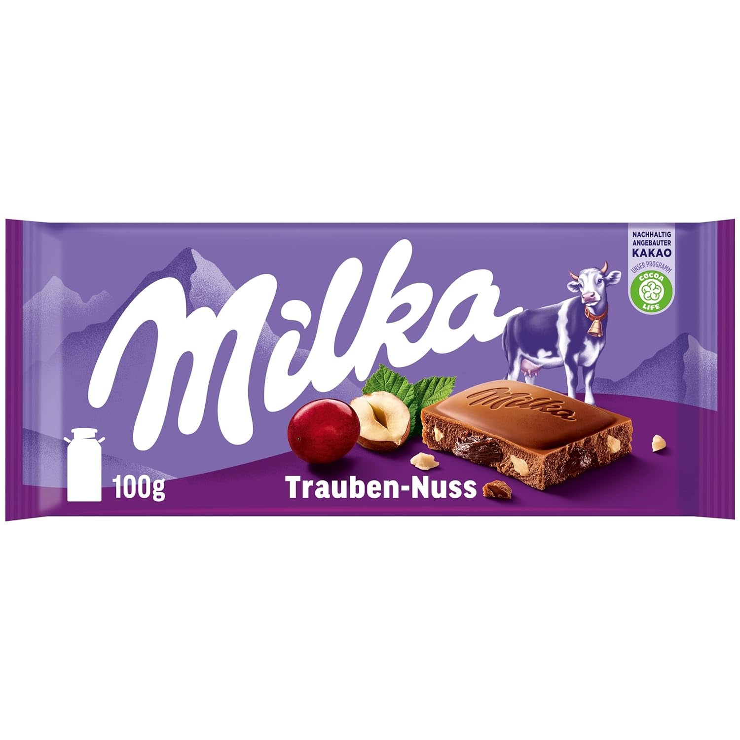 Milka Grapes and Hazelnuts – Alpine milk chocolate with pieces of hazelnuts and raisins – 90g