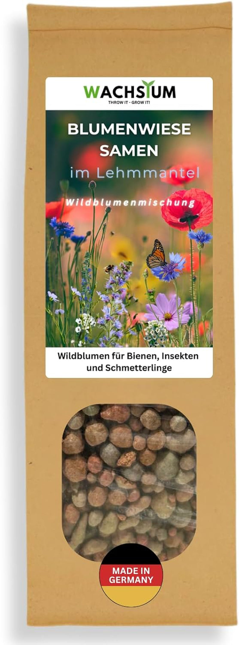 Flower seeds in a protective clay coating for bees and butterflies, 400g. Mixture of perennial and winter-hardy wild flowers for 20 m². Beautiful wildflower seeds for a colorful bee pasture. Gift for children.