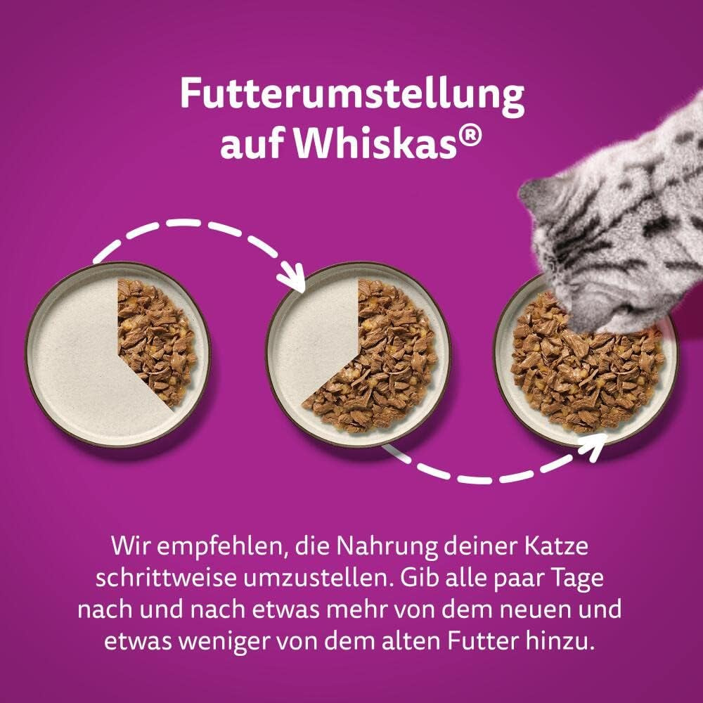 Hrană umedă Whiskas 1+ pentru pisici cu pui în jeleu, 28x85g (1 pachet) – Hrană umedă de înaltă calitate pentru pisici adulte în pliculețe cu 28 de porții