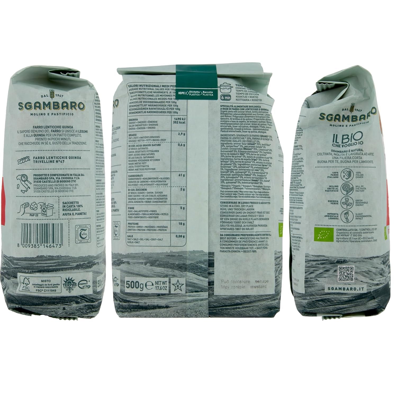 Organic pasta Trivelline N.47 - 500g with spelled flour, lentil flour and quinoa flour - Rich in protein, source of fiber and protein