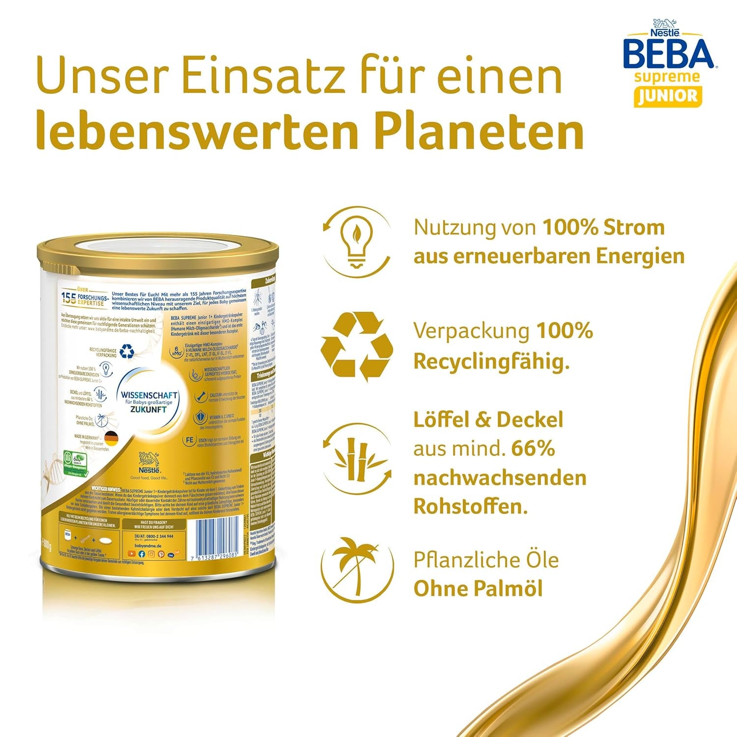 BEBA SUPREME JUNIOR 1 Plus - Drink for children from 1 year, with complex 6 HMO, lactose free, palm oil free, fish oil free, food for small children, baby milk powder, pack of 6 (6 x 800g)